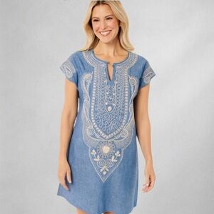 P Luka Milano Embroidered Linen Blend Dress Size M L Embossed Boho Short